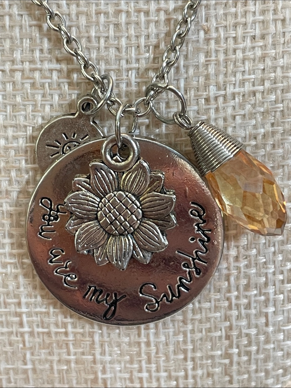 Silver “You are my Sunshine” Pendant with Golden Crystal Charm, sun, & Flower